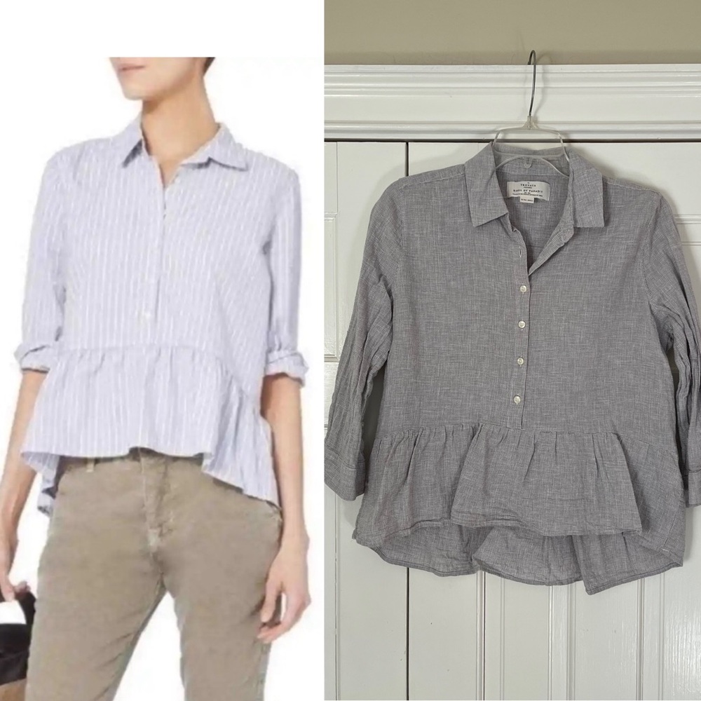 Trovata Birds of Paradis Peplum Top Gray Houndstooth Cotton Linen XS